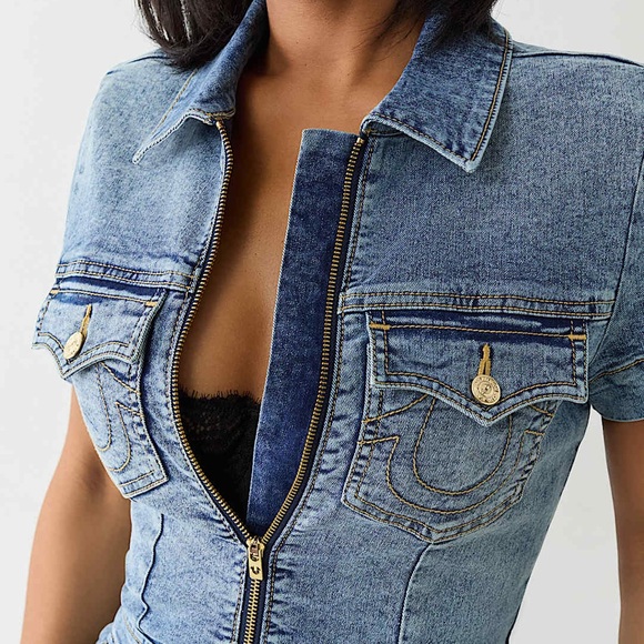 True Religion Blue Denim Short Sleeve Jumpsuit - Picture 4 of 8